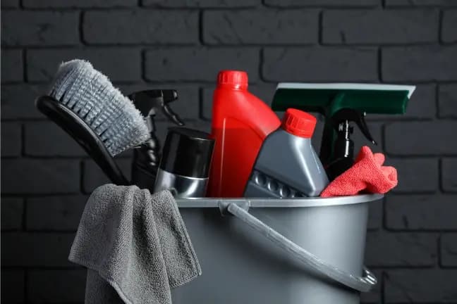 Organized cleaning supplies staged for efficient workflow